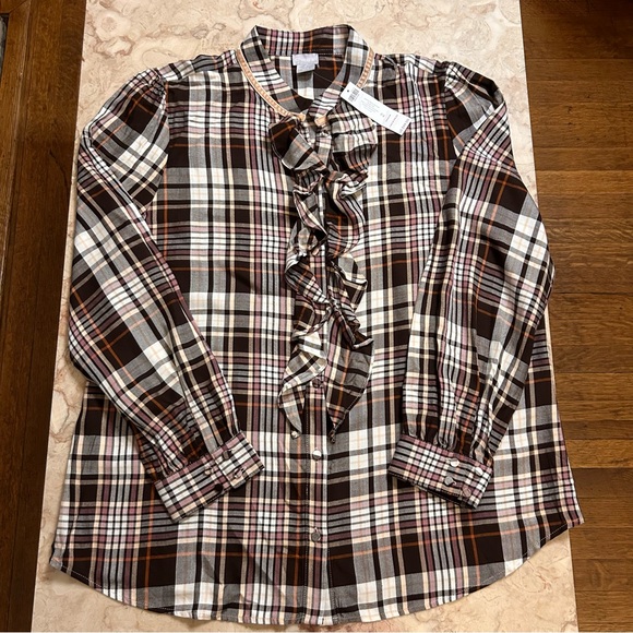 NWT Chico’s Ruffled Brown Plaid Shirt Large - Picture 5 of 10